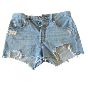 Levi’s 501 Buttonfly High Rise Super Distressed Light Wash Denim Shorts Sz 31